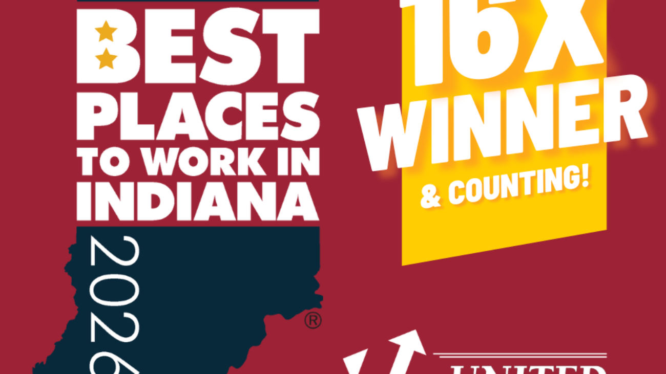 Award graphic celebrating Indiana workplace honors: 'Best Places to Work in Indiana 2026' with a map outline of Indiana and a yellow '16X WINNER' panel plus United Consulting logo.